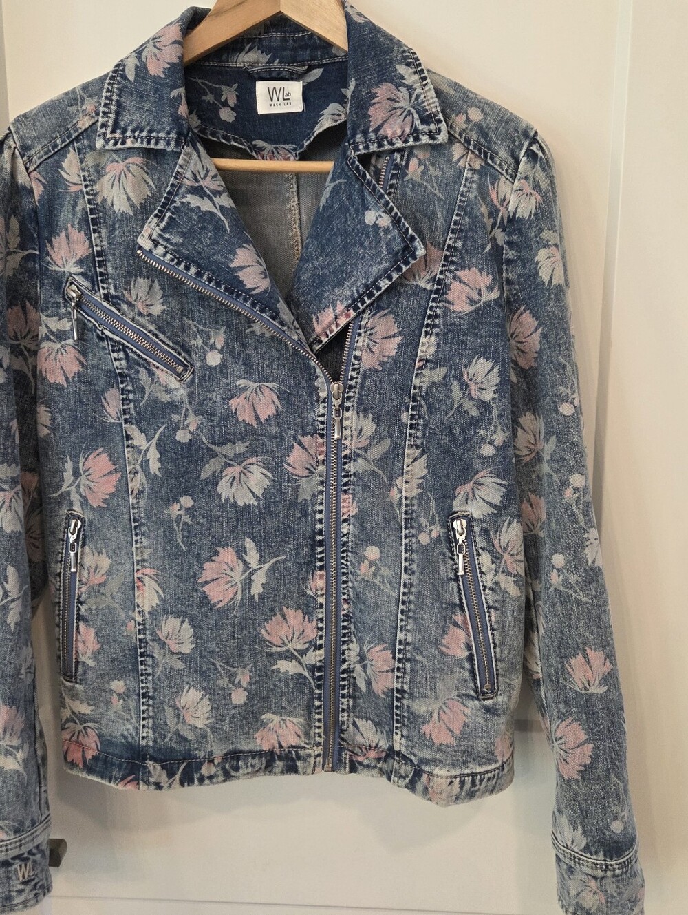 Wash Lab Pastel Floral Denim Jacket Size M Soft Grunge Coquette Moto Zip Front